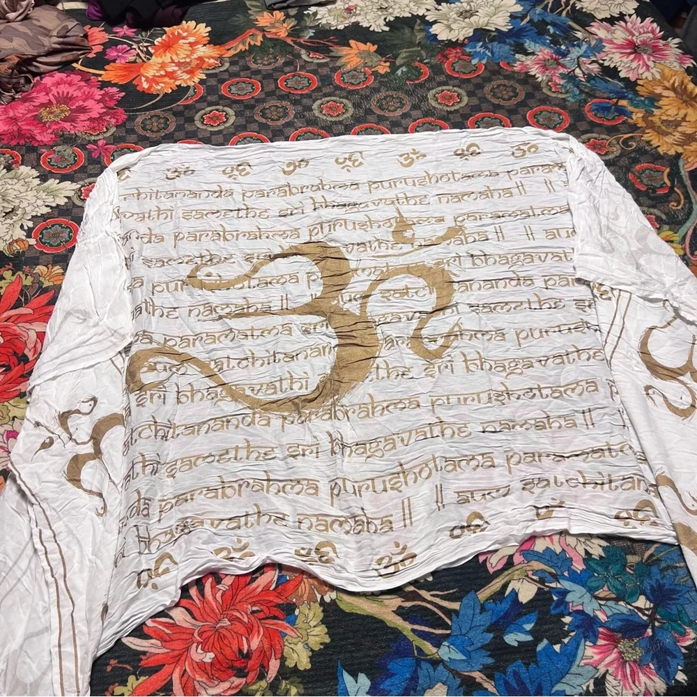 White and Gold Om Print Lightweight Scarf Wrap